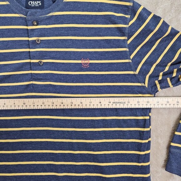 Chaps Long Sleeve Striped Club Jersey Henley Shirt 3 Buttons Blue/Yellow Mens XL - Picture 3 of 10